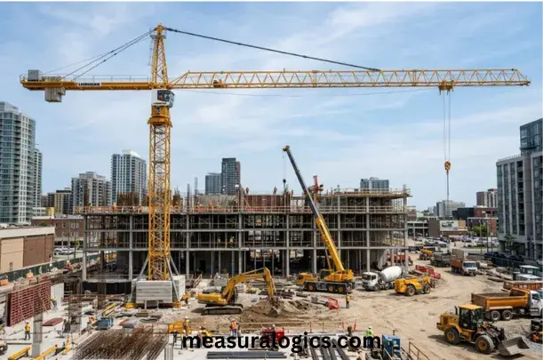Large construction crane boom extending approximately 100 feet