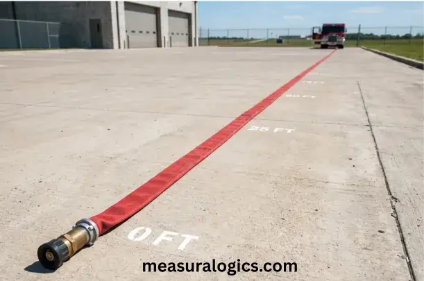 Long fire hose stretched out to approximately 100 feet