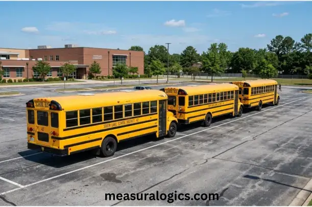 Row of school buses stretching approximately 100 feet
