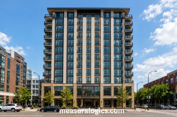 Ten-story building approximately 100 feet tall