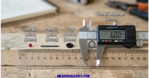 A realistic featured image displaying four common 6mm items lined up on a wooden table next to a ruler: a small red bead, a piece of pencil lead, a tiny black button, and a small metal washer being measured with a digital caliper showing exactly 6.00 mm.