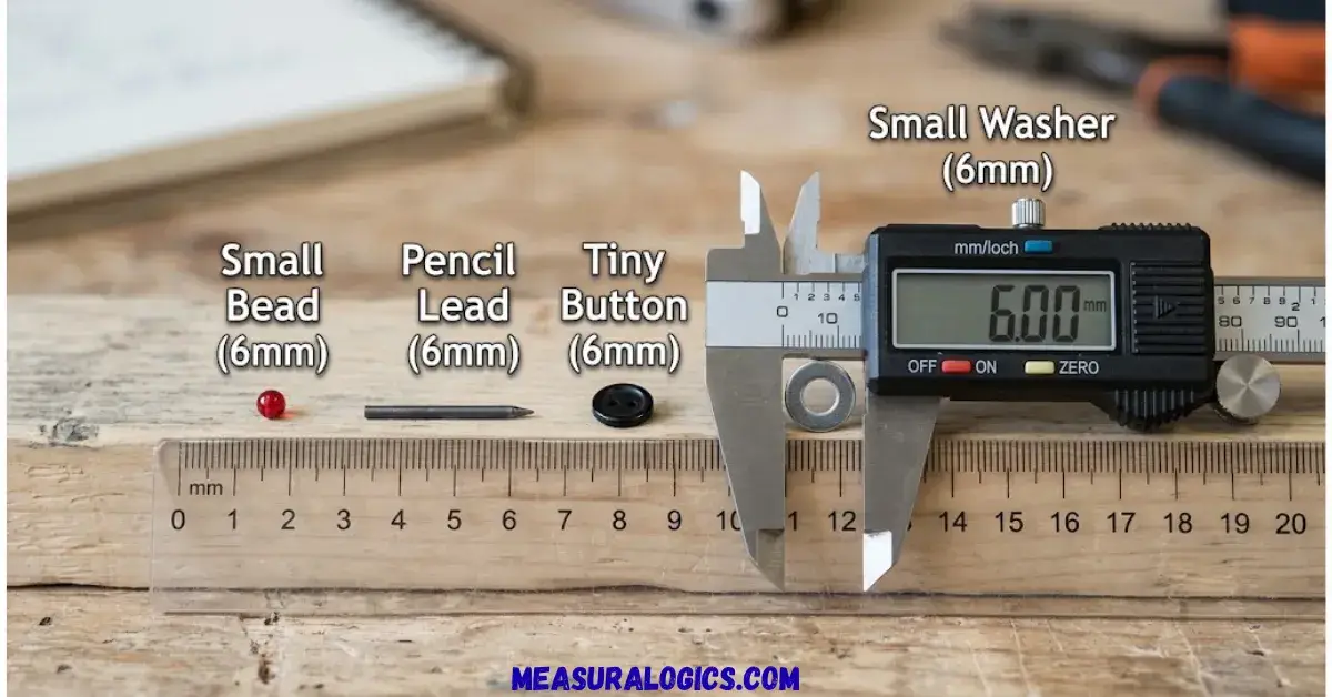 A realistic featured image displaying four common 6mm items lined up on a wooden table next to a ruler: a small red bead, a piece of pencil lead, a tiny black button, and a small metal washer being measured with a digital caliper showing exactly 6.00 mm.