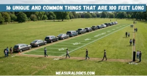 A wide-angle educational comparison image showing a 100-foot measurement in an open green field, featuring a row of parked cars and a marked turf strip with people standing for scale.