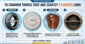 10 common things that are exactly 13 inches long, featuring a Michelin 130/70-13 motorcycle tire, Ekena Millwork Whitman ceiling medallion, Rawlings R9 fastpitch outfield glove, and Lodge cast-iron casserole pan with 13-inch measurement lines.