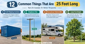 12 common things that are 25 feet long, including a small shipping container, telephone pole, recreational vehicle (RV), and large tree, with visual illustrations and measurement arrows showing 25 feet for easy size comparison.